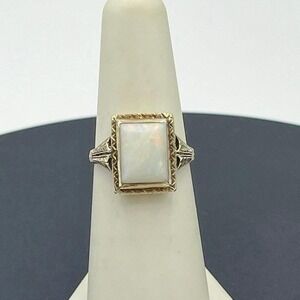 Designer Antique 10k Yellow Gold Rectangular Opal Victorian Ornate Ring Sz 6.5